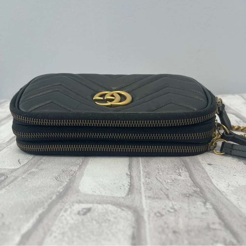 Gucci GG Marmont Triple Zip Chain Bag Matelasse Leather Mini in Black - Preowned